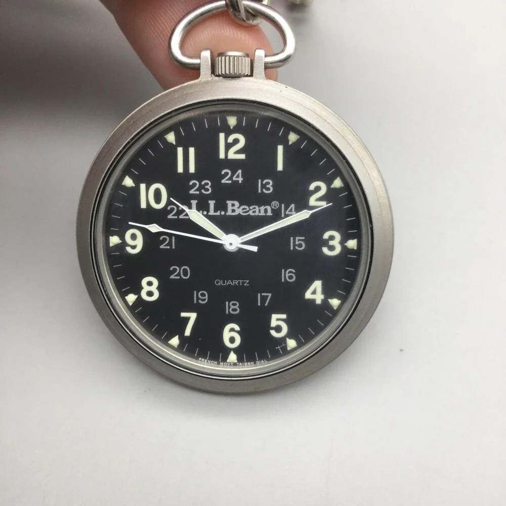 Vintage L.L.Bean Pocket Watch Men 42.6mm Black Military Dial Chain New Battery